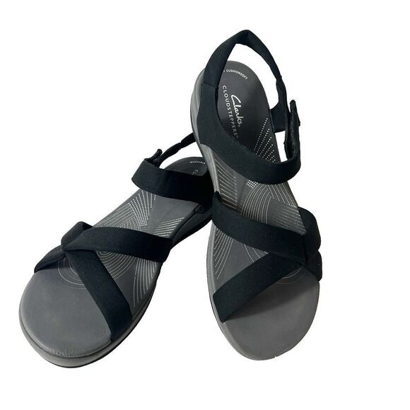 Clarks Cloudsteppers Summer Sandals Womens 11 M Black Fabric Sling Back Open Toe - Picture 2 of 11